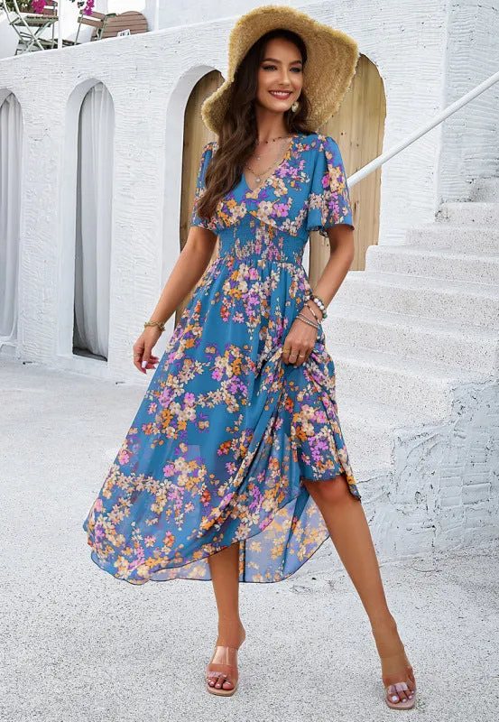 Floral Print Midi Dress with Waist-Cinching Smocked Design