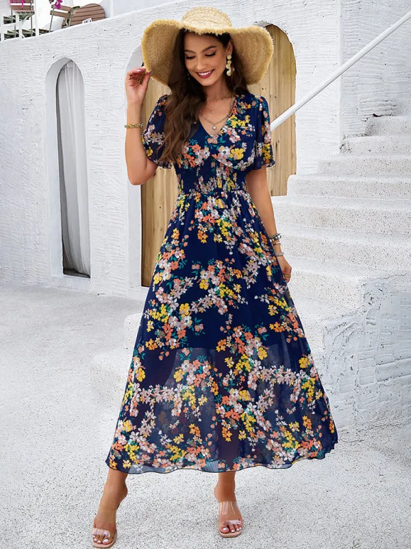 Floral Print Midi Dress with Waist-Cinching Smocked Design