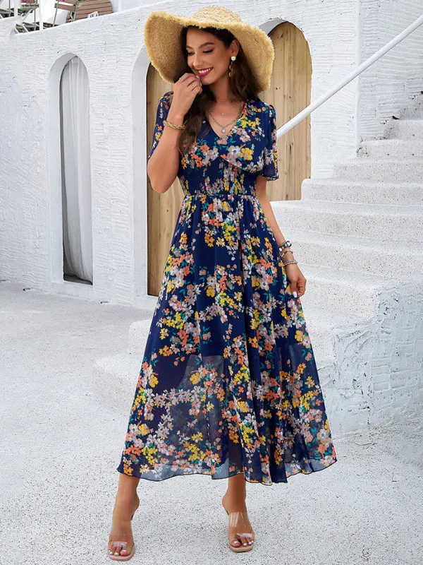 Floral Print Midi Dress with Waist-Cinching Smocked Design