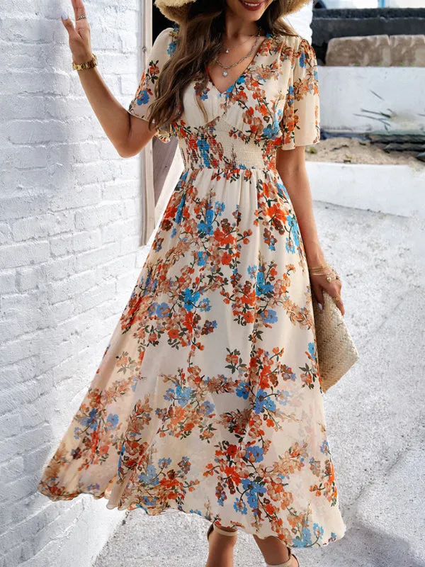 Floral Print Midi Dress with Waist-Cinching Smocked Design