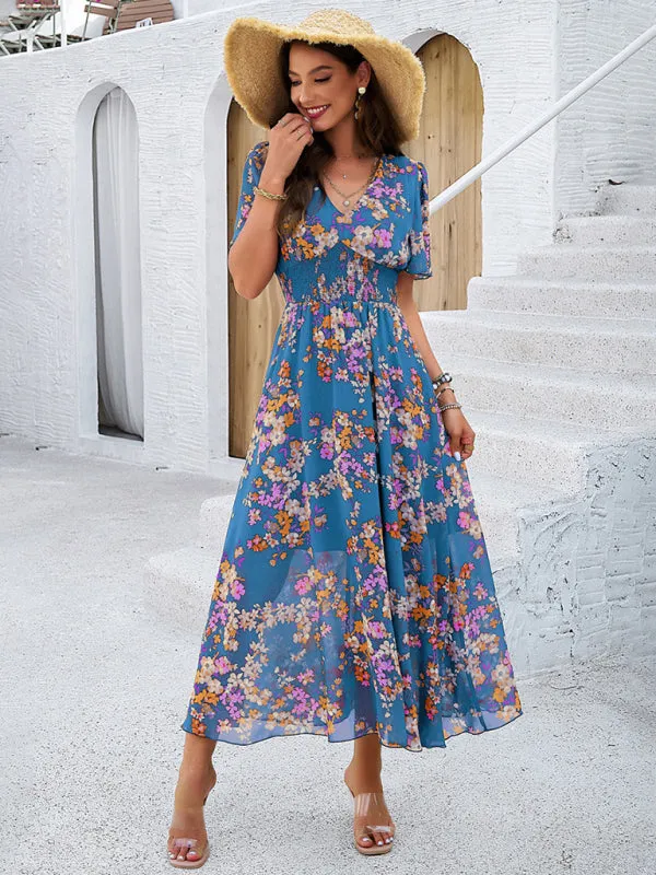 Floral Print Midi Dress with Waist-Cinching Smocked Design