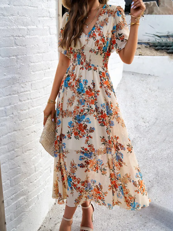 Floral Print Midi Dress with Waist-Cinching Smocked Design