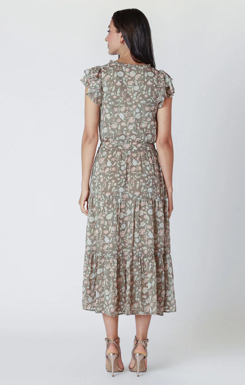 FLUTTER SLEEVE TIERED MIDI DRESS