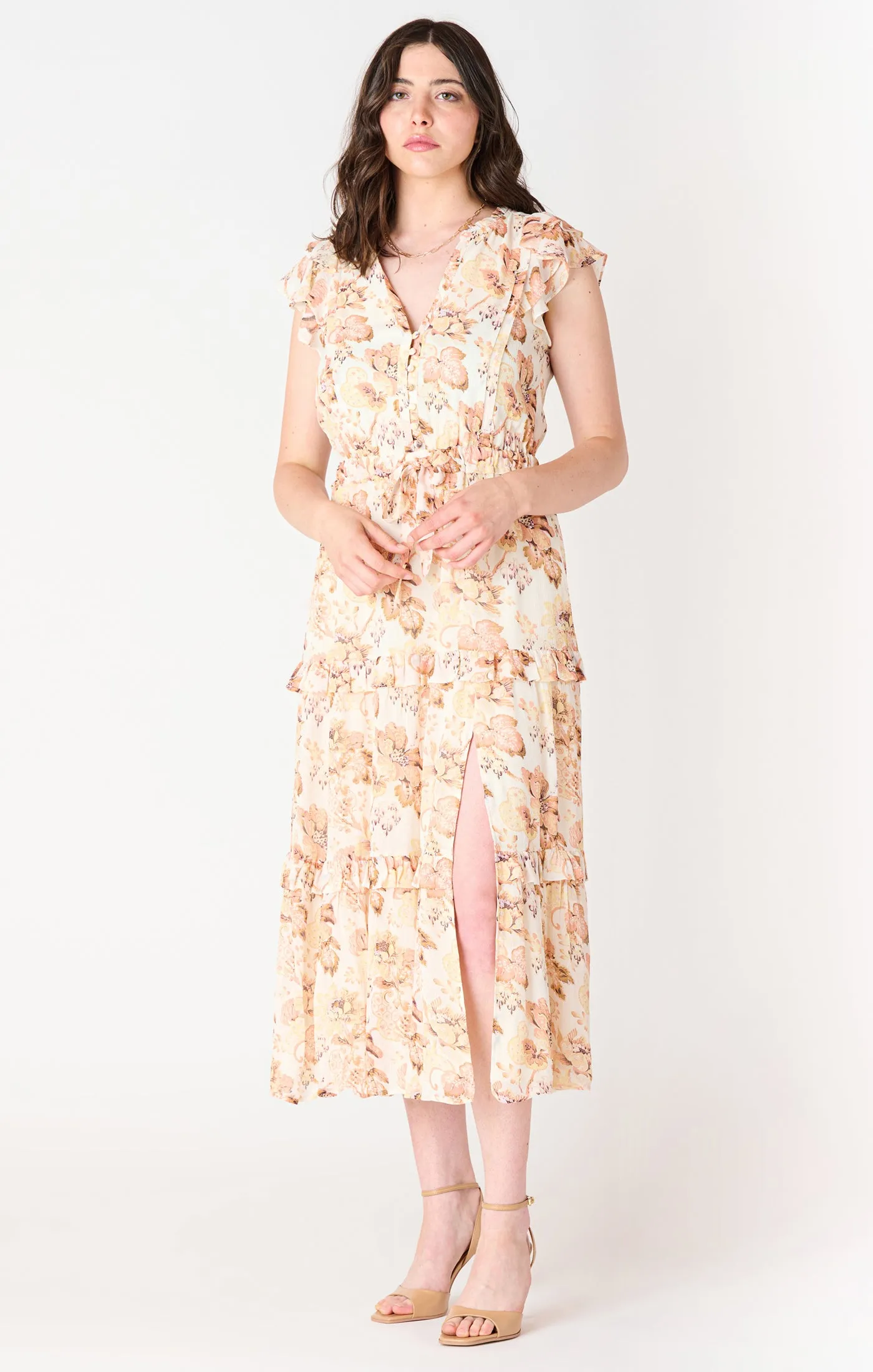 FLUTTER SLEEVE TIERED MIDI DRESS
