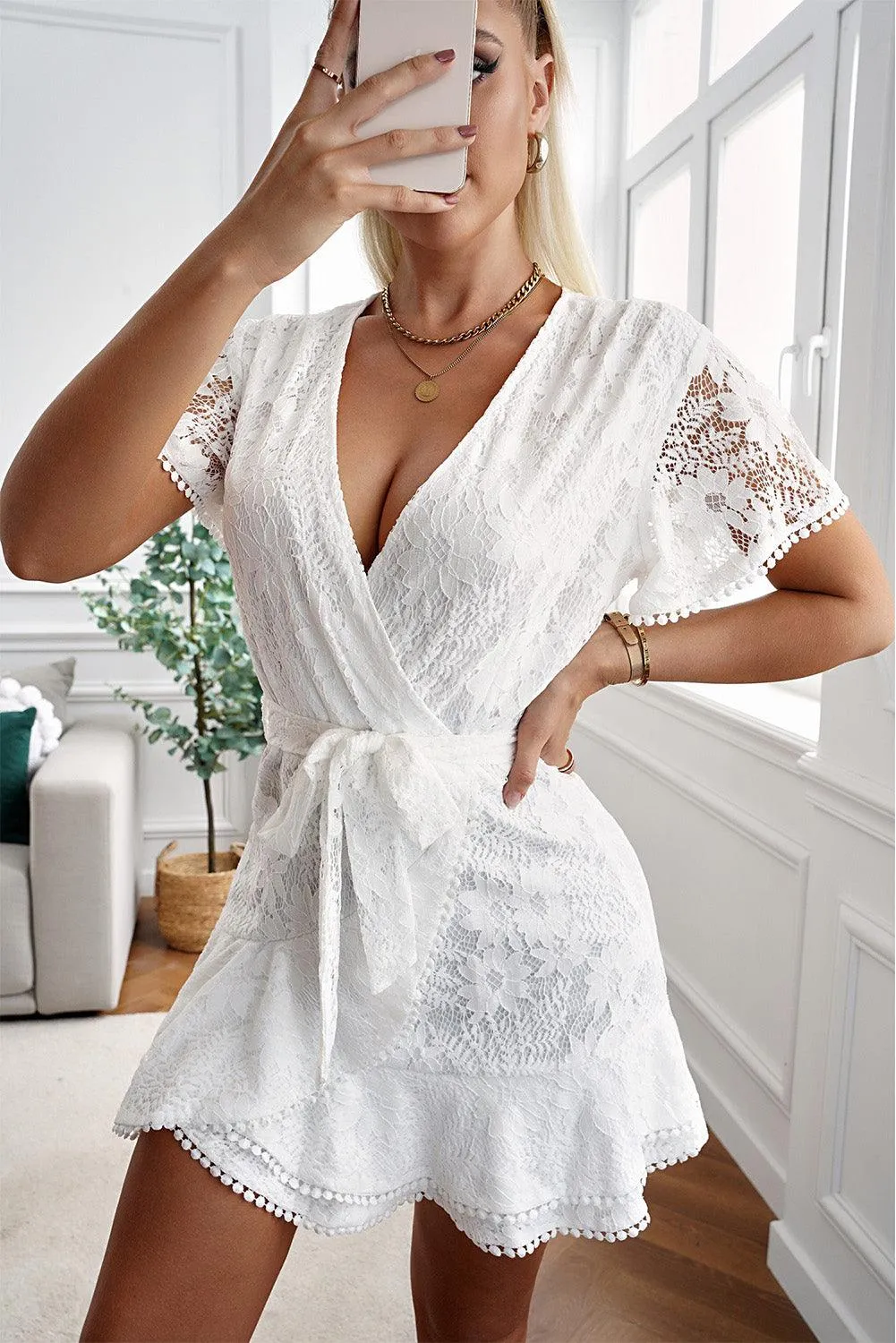 Flutter Sleeve Wrap V-Neck Floral Lace Dress