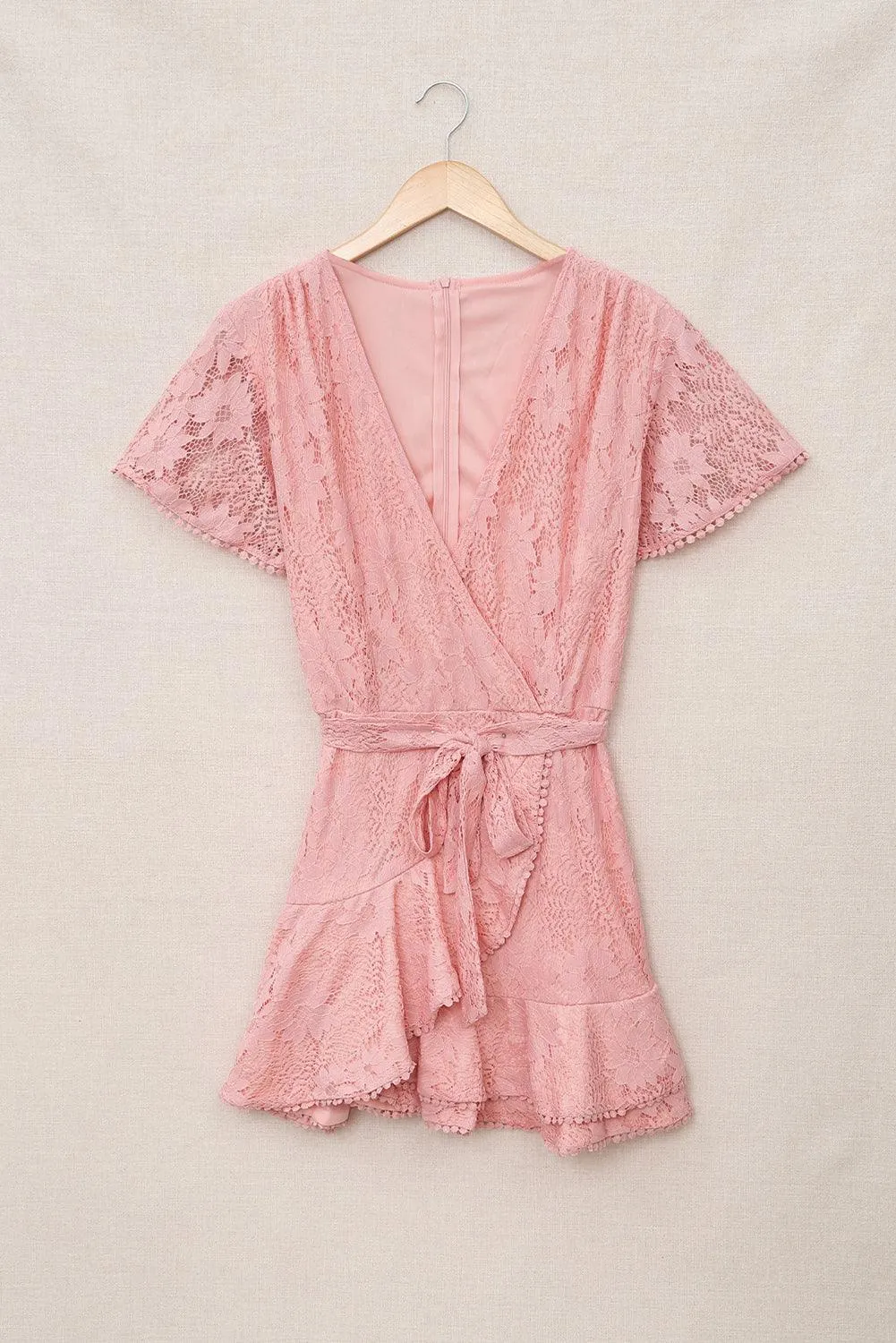 Flutter Sleeve Wrap V-Neck Floral Lace Dress