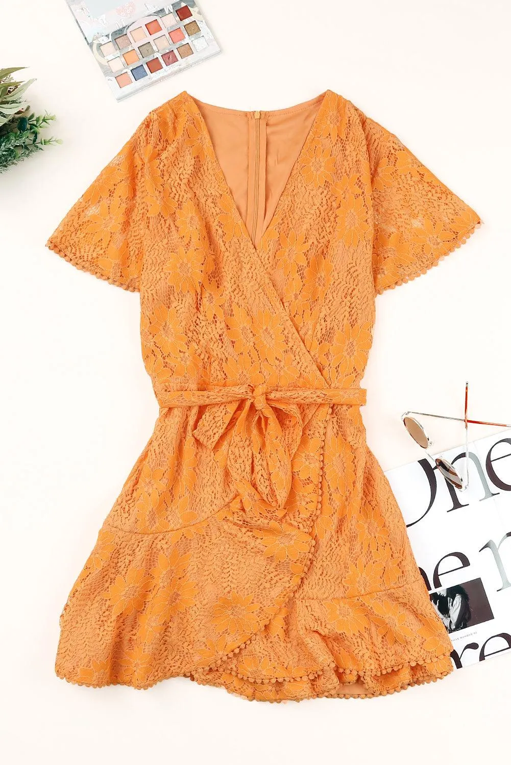 Flutter Sleeve Wrap V-Neck Floral Lace Dress