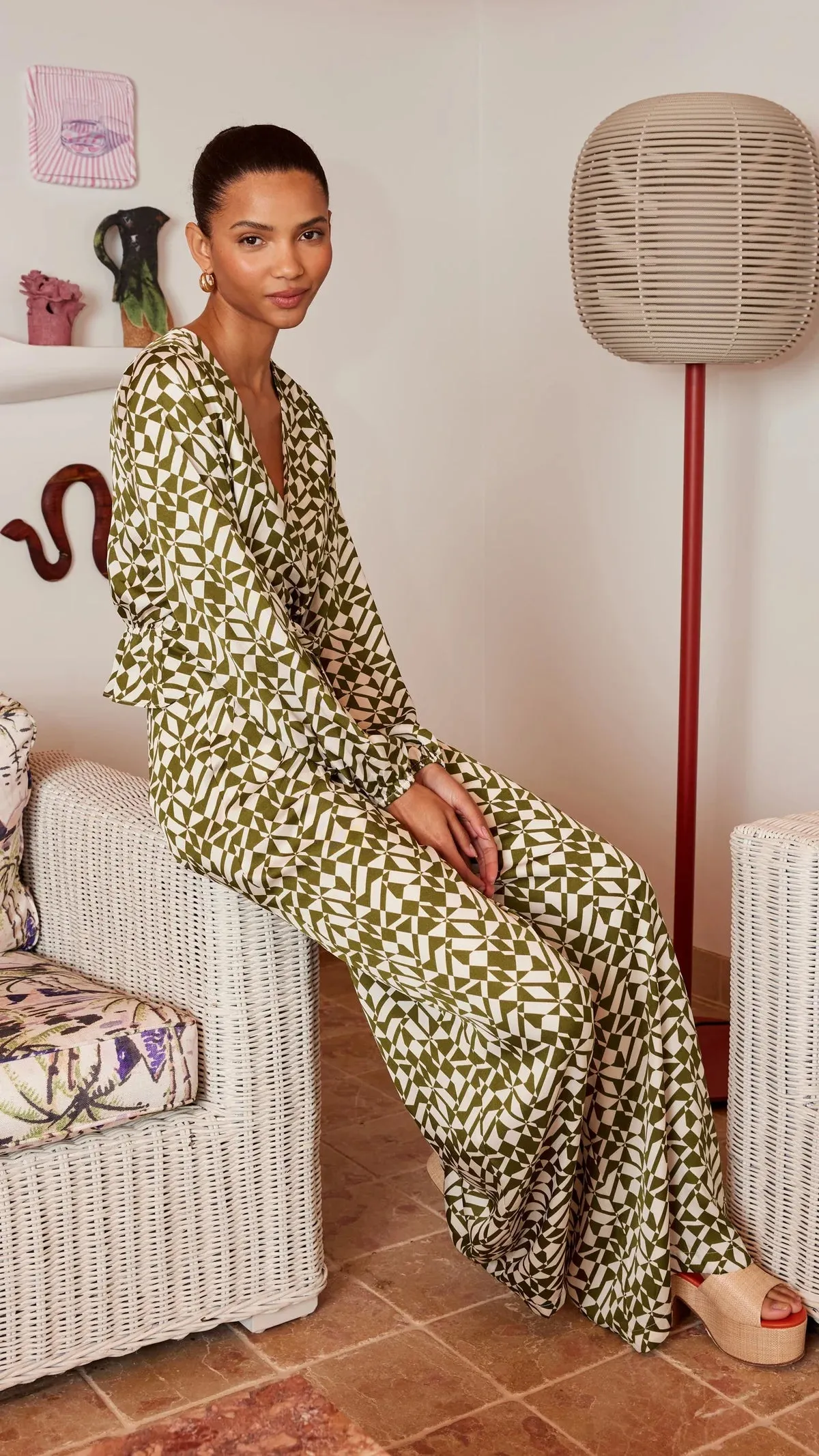 Flynn Wide Leg Pants - Cream/Green A FURTHER 15% OFF AUTOMATICALLY APPLIED AT CHECKOUT