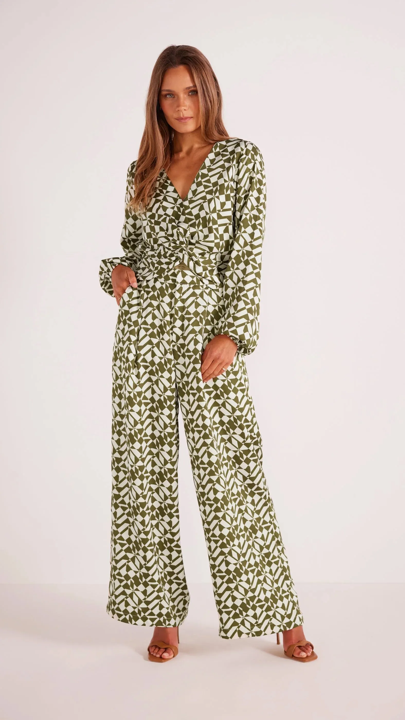 Flynn Wide Leg Pants - Cream/Green A FURTHER 15% OFF AUTOMATICALLY APPLIED AT CHECKOUT