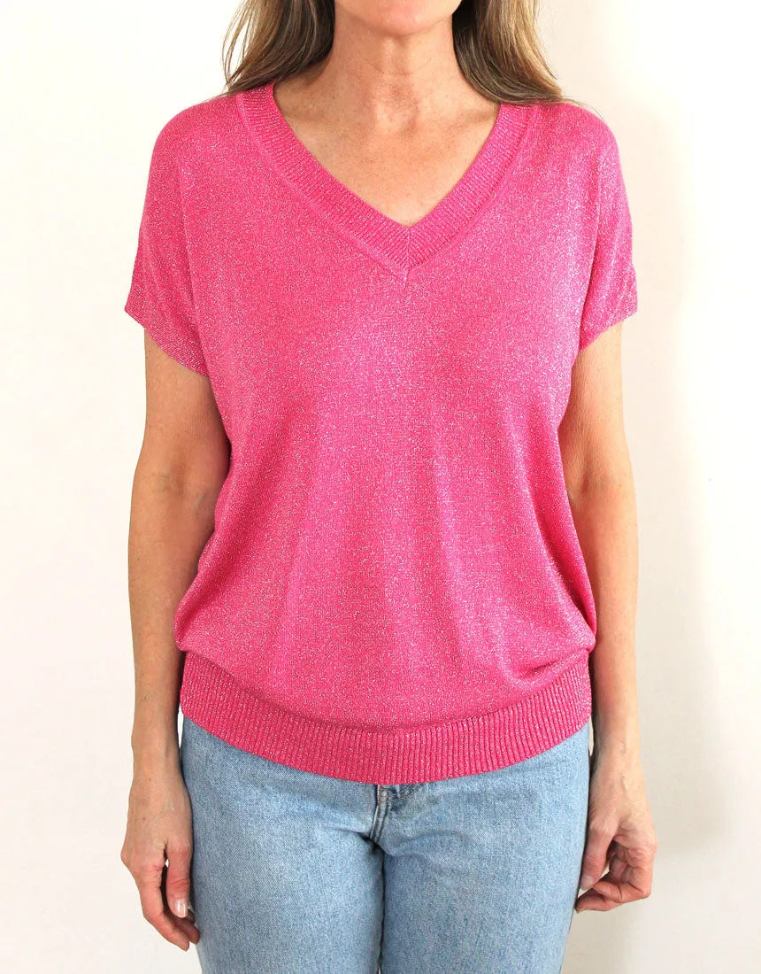 Frankies V-Neck Lurex Tee - Hot Pink