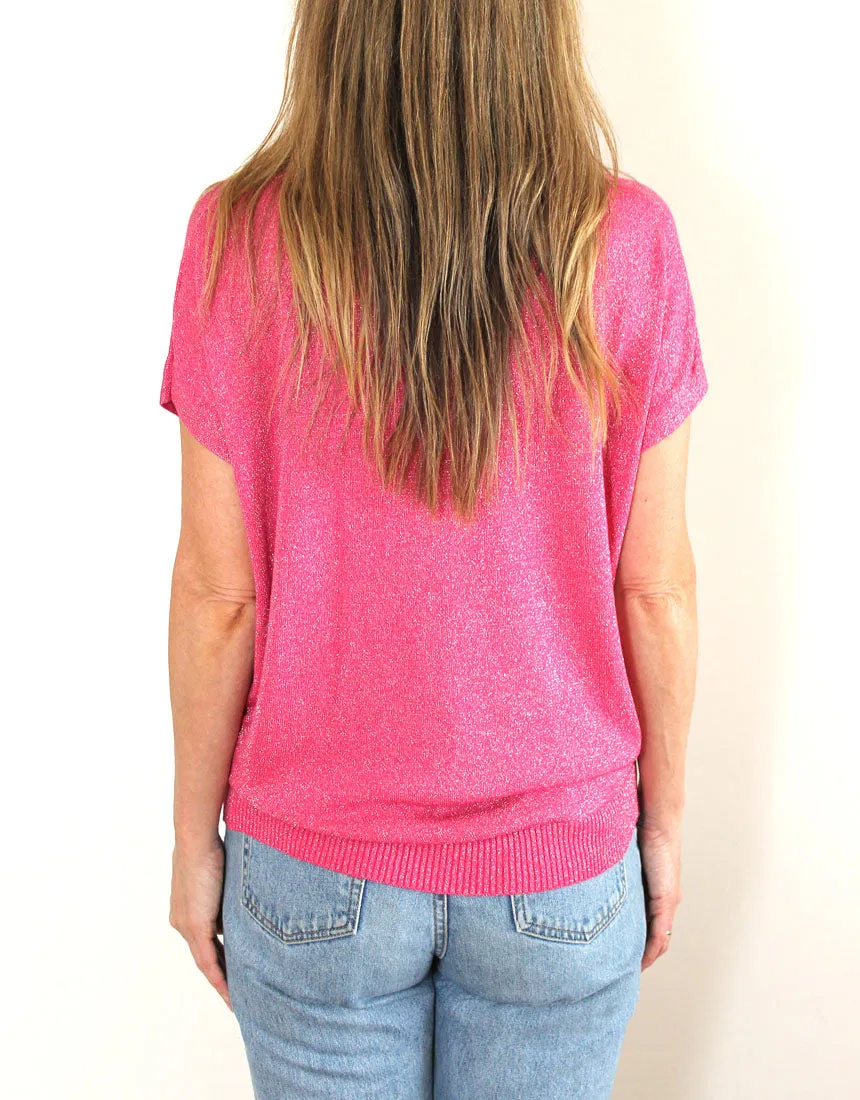 Frankies V-Neck Lurex Tee - Hot Pink