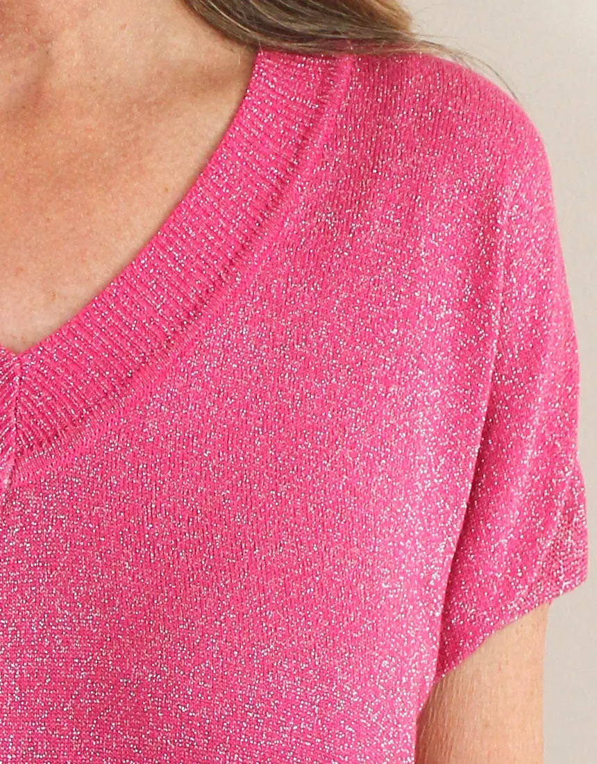 Frankies V-Neck Lurex Tee - Hot Pink