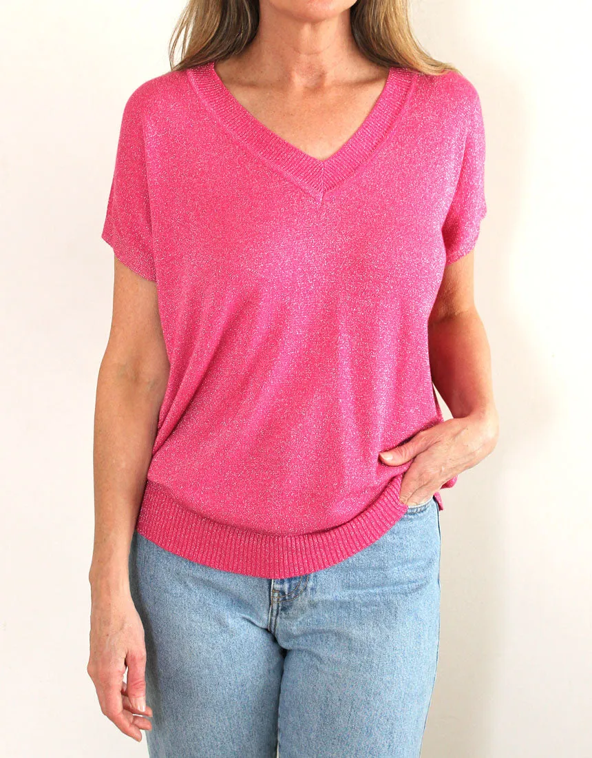 Frankies V-Neck Lurex Tee - Hot Pink