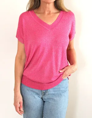 Frankies V-Neck Lurex Tee - Hot Pink