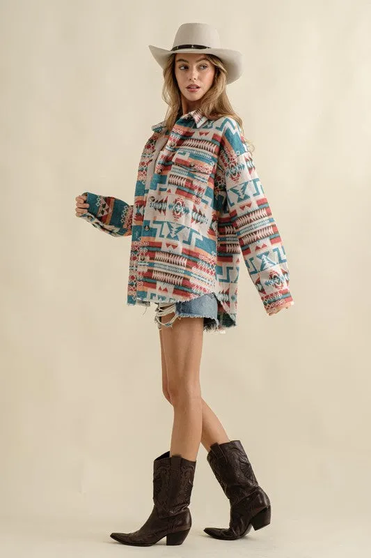 Frayed Aztec Western Shacked Jacket