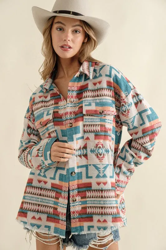 Frayed Aztec Western Shacked Jacket