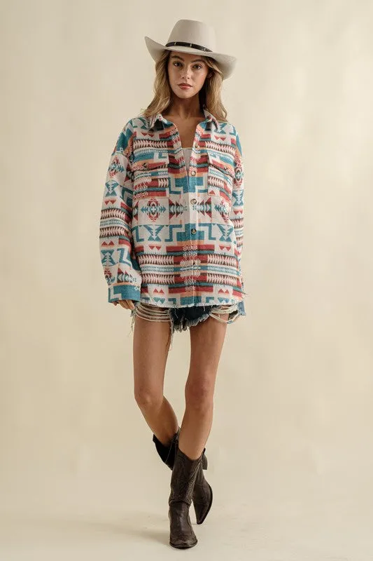 Frayed Aztec Western Shacked Jacket