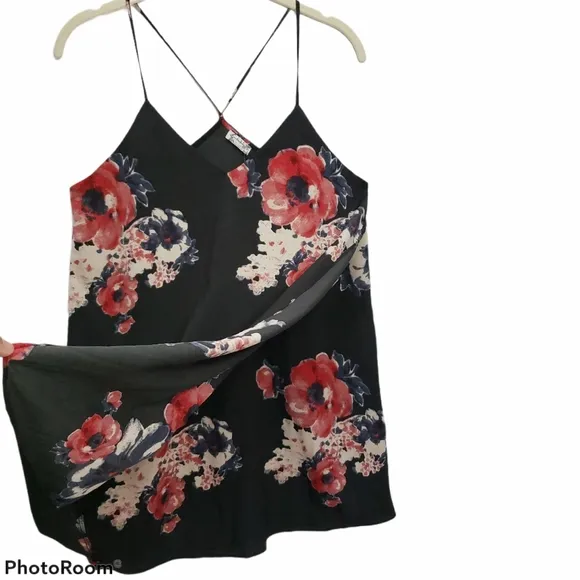 Free People Black Crepe Floral Faux Wrap Dress XSMALL