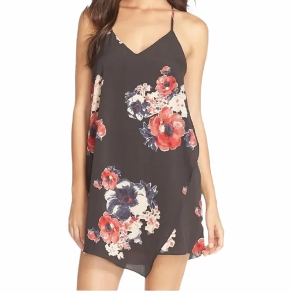 Free People Black Crepe Floral Faux Wrap Dress XSMALL