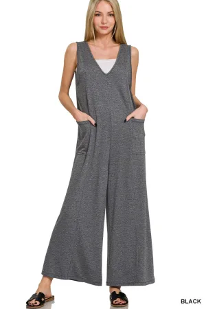 French Terry V-Neck Jumpsuit - Charcoal