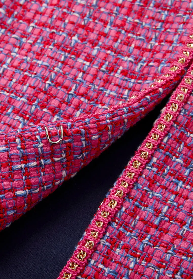 Fuchsia Embellished-trim Checked Mix-tweed Jacket