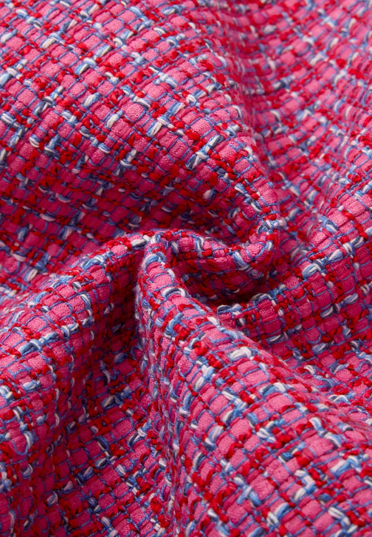 Fuchsia Embellished-trim Checked Mix-tweed Jacket