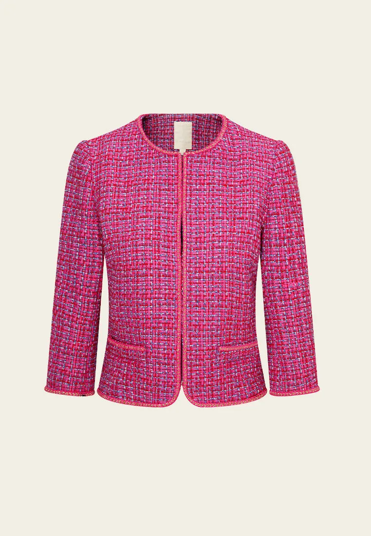 Fuchsia Embellished-trim Checked Mix-tweed Jacket