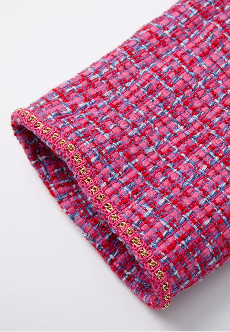 Fuchsia Embellished-trim Checked Mix-tweed Jacket