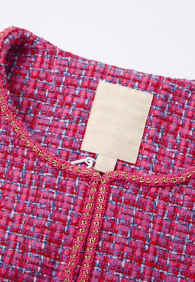 Fuchsia Embellished-trim Checked Mix-tweed Jacket