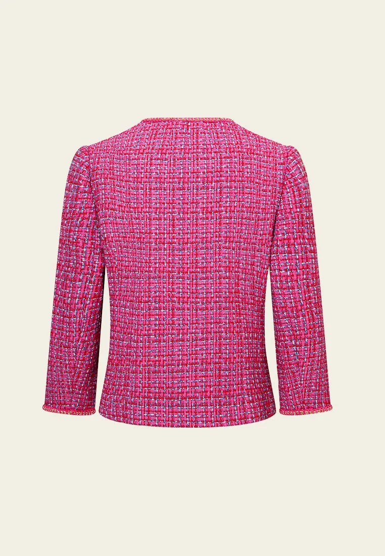 Fuchsia Embellished-trim Checked Mix-tweed Jacket