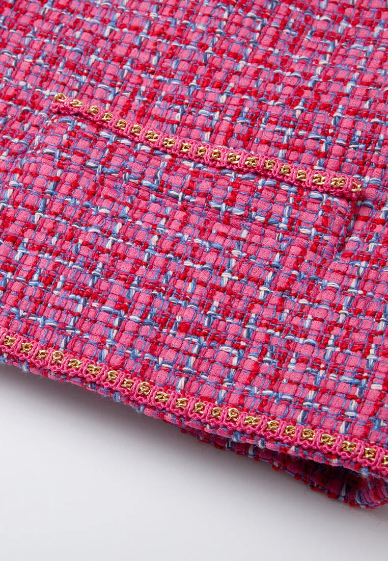 Fuchsia Embellished-trim Checked Mix-tweed Jacket