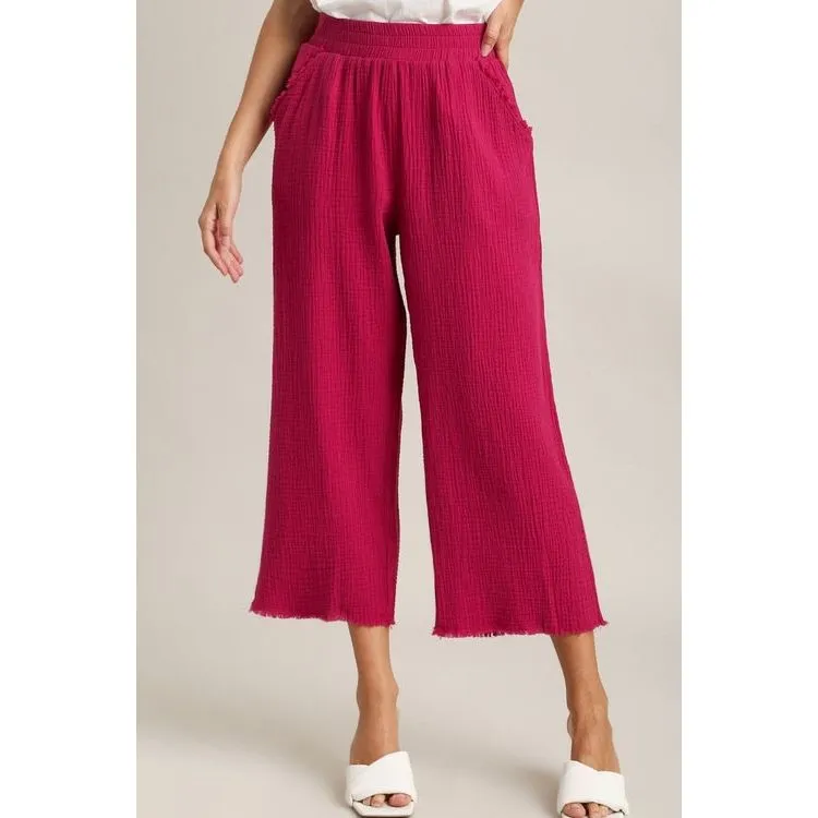 Full Size Raw Hem Elastic Waist Wide Leg Pants