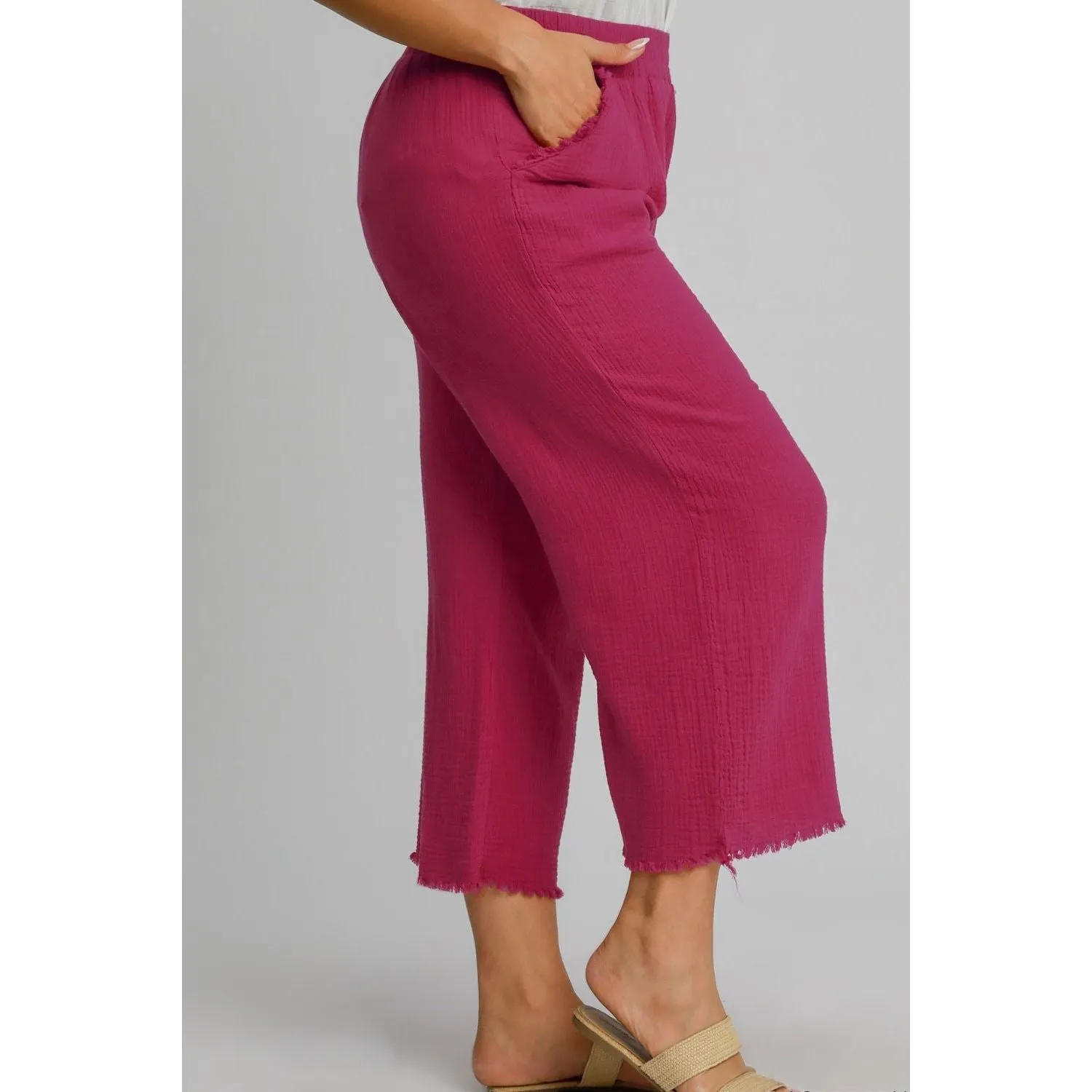 Full Size Raw Hem Elastic Waist Wide Leg Pants