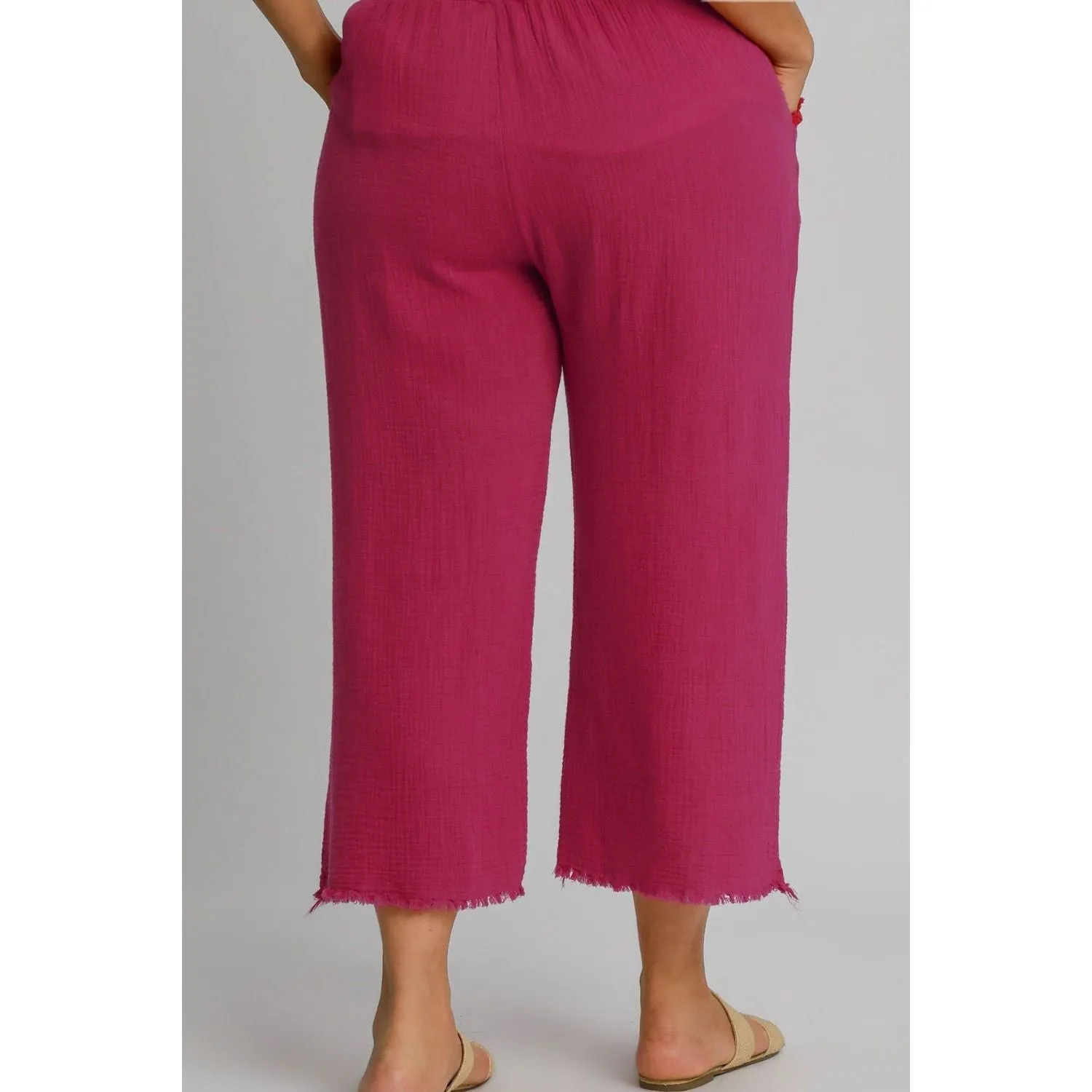 Full Size Raw Hem Elastic Waist Wide Leg Pants