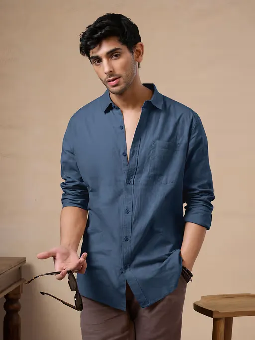 Full Sleeve Solid Cotton Blend Shirt For Men (Size-M) (Color-Blue)