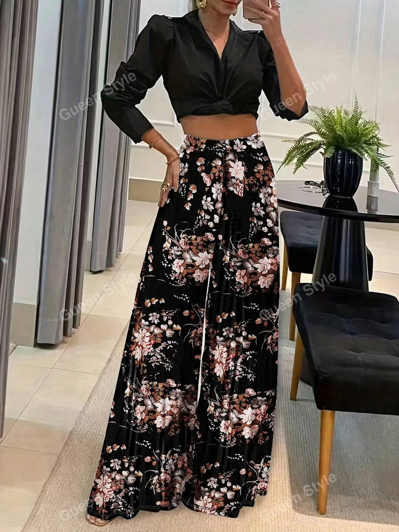 Geometric Print Loose Wide Leg Pants