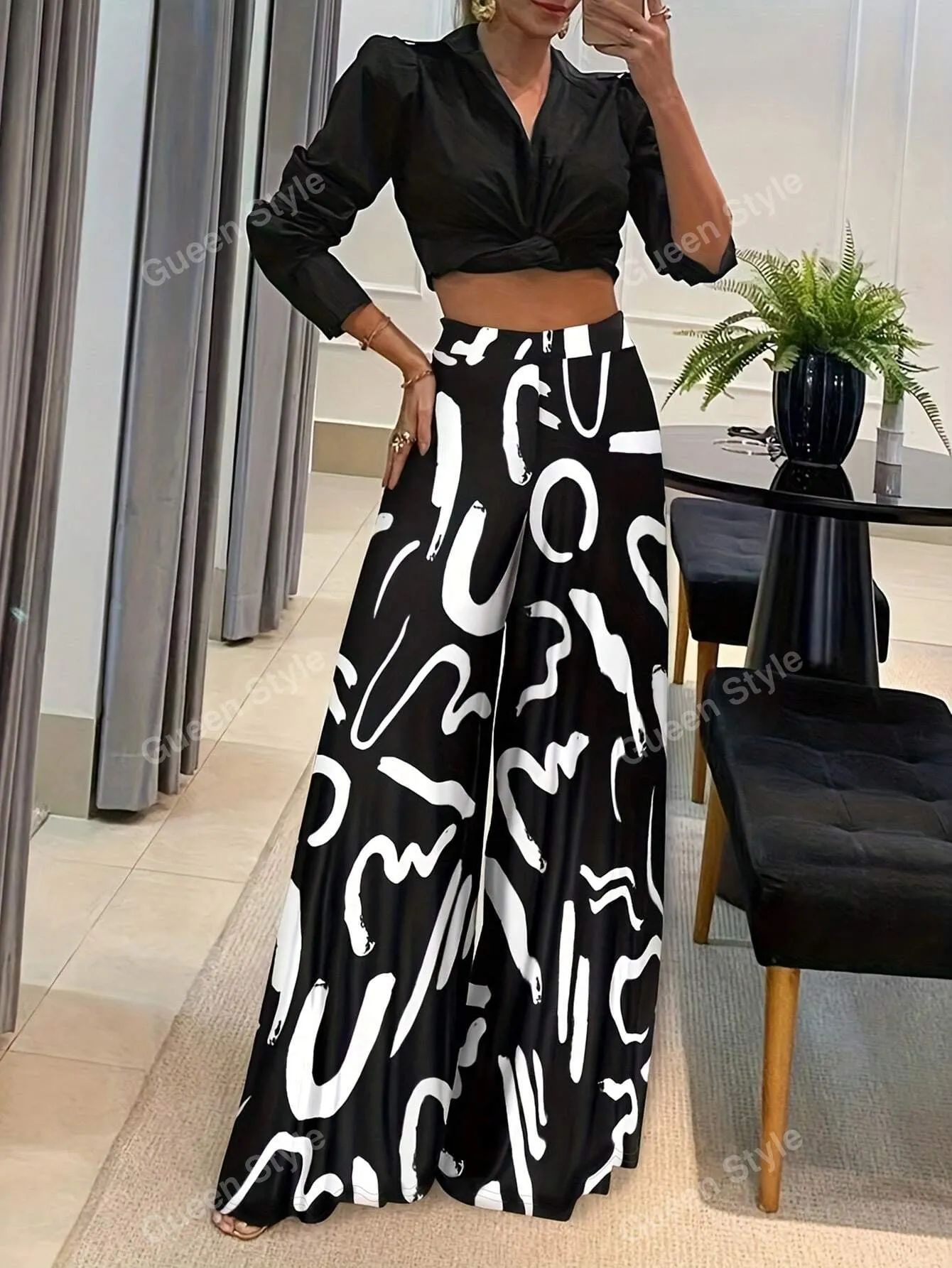 Geometric Print Loose Wide Leg Pants