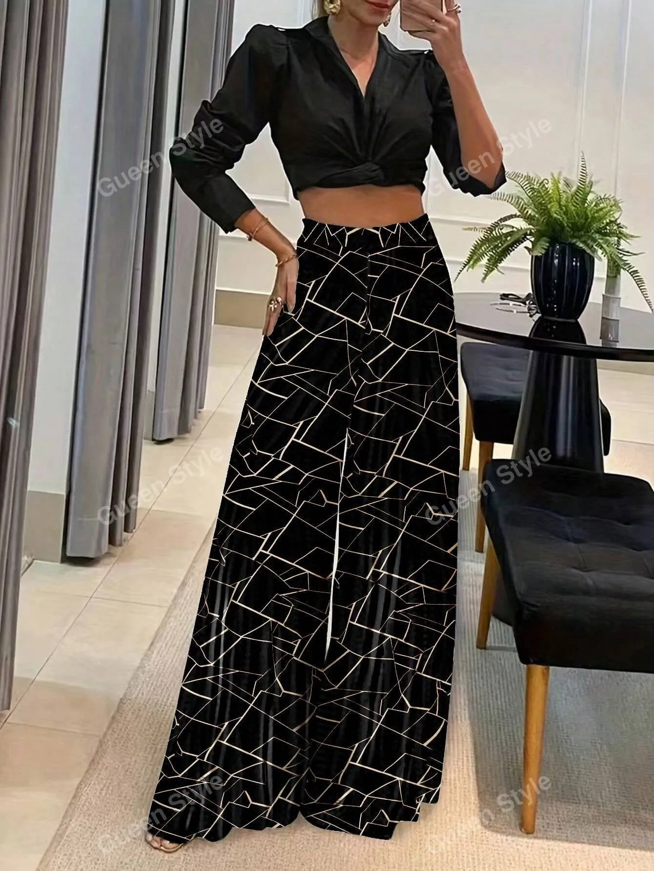 Geometric Print Loose Wide Leg Pants