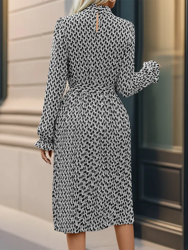 Geometric Print Midi Dress with Lace-Up Waist and Asymmetrical Hem