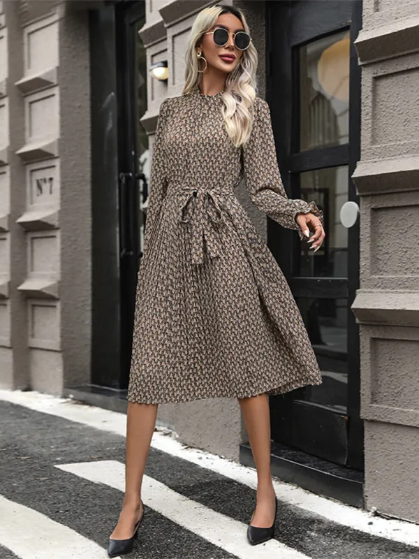 Geometric Print Midi Dress with Lace-Up Waist and Asymmetrical Hem