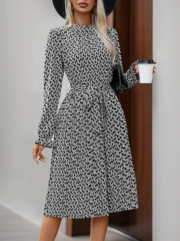 Geometric Print Midi Dress with Lace-Up Waist and Asymmetrical Hem