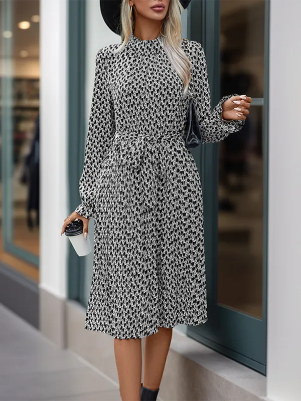 Geometric Print Midi Dress with Lace-Up Waist and Asymmetrical Hem