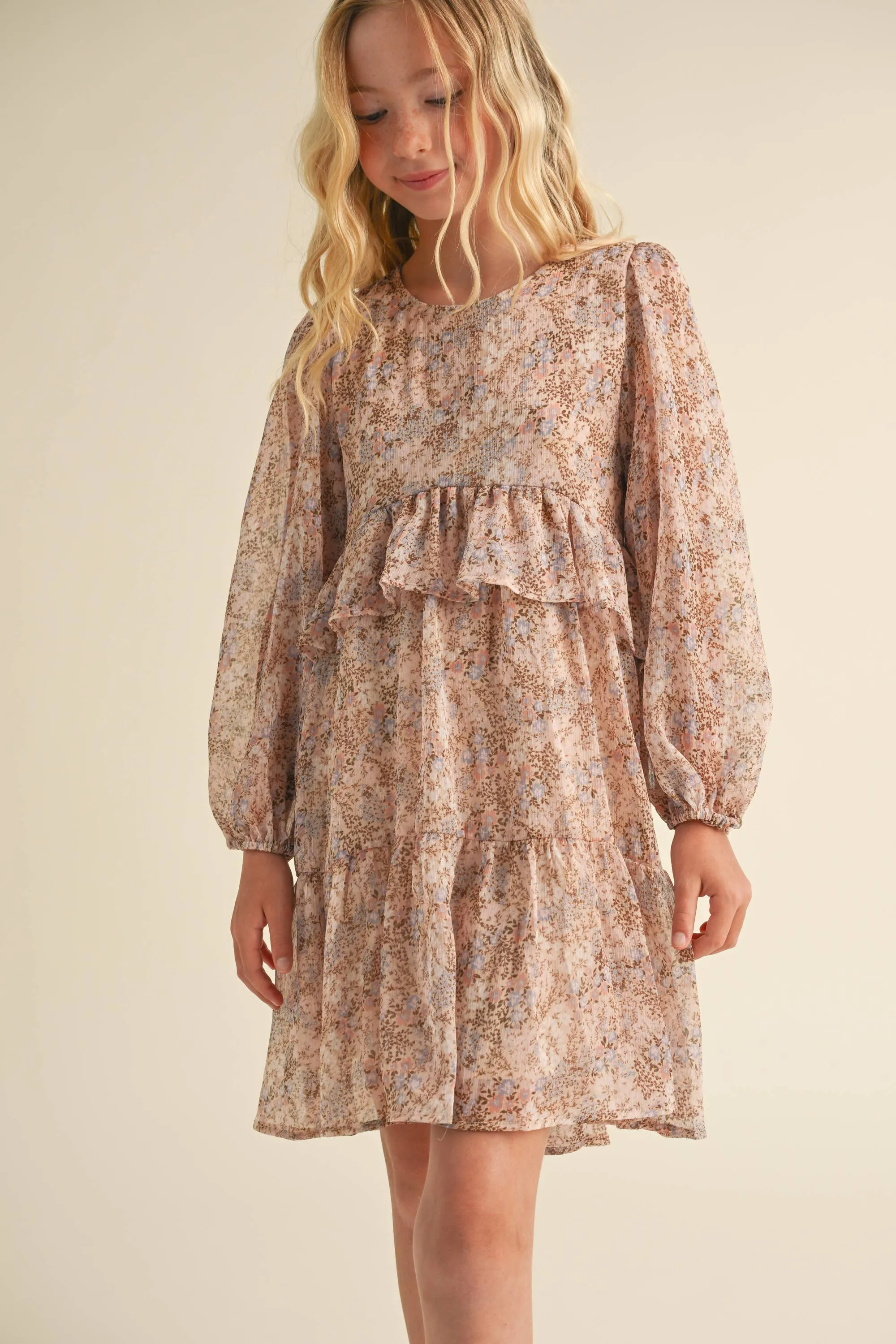 GIRLS LAYERED HI LOW FLORAL MIDI DRESS