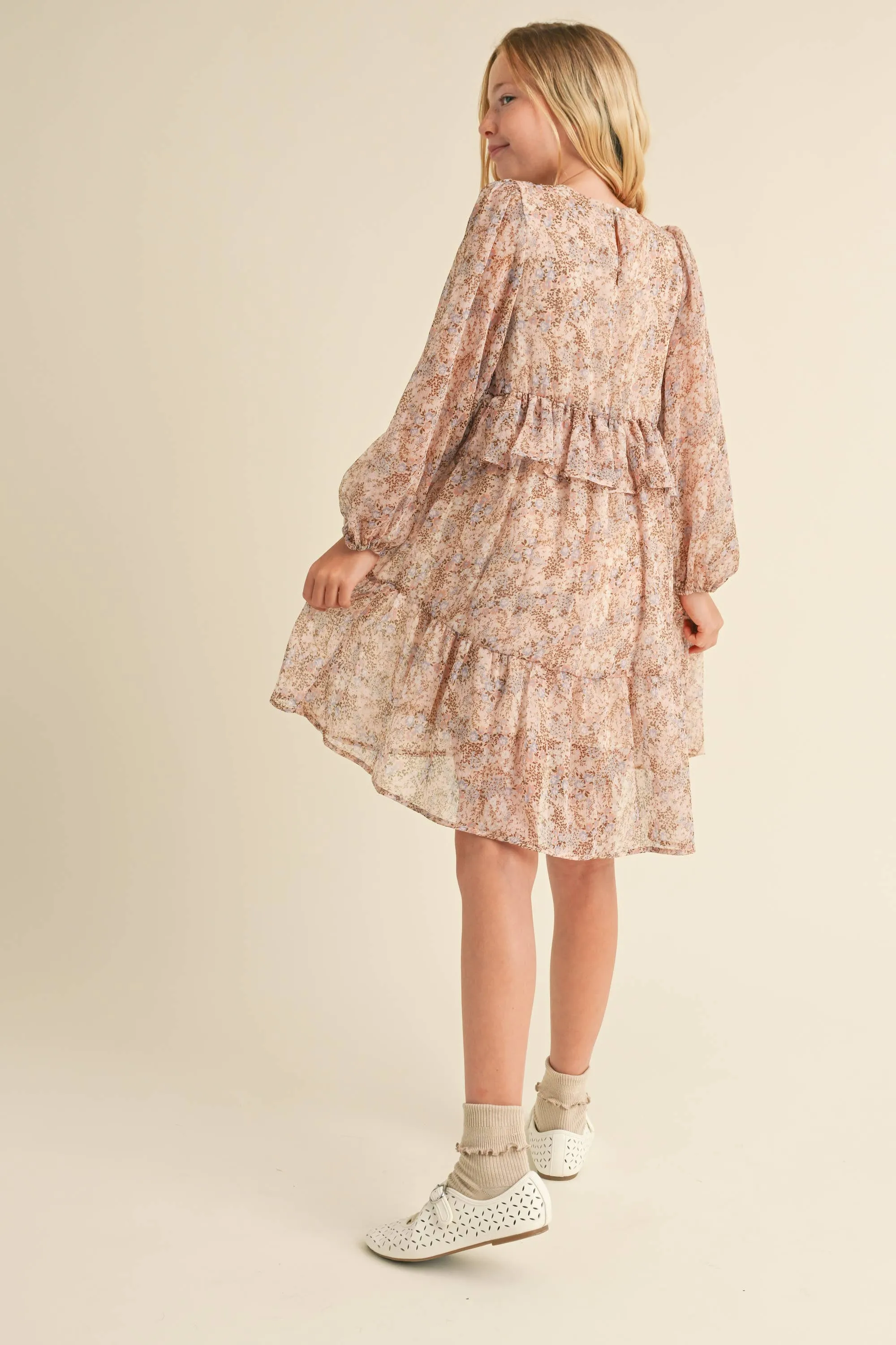 GIRLS LAYERED HI LOW FLORAL MIDI DRESS