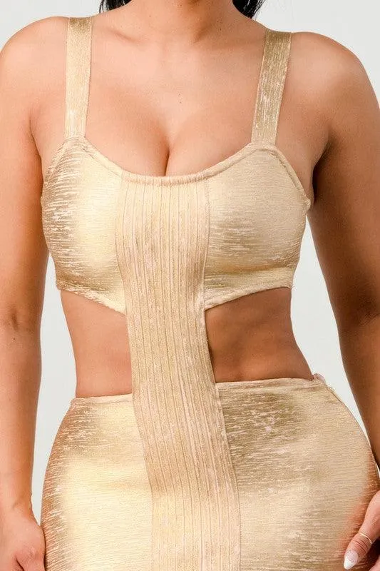 GOLD BANDAGE MIDI DRESS