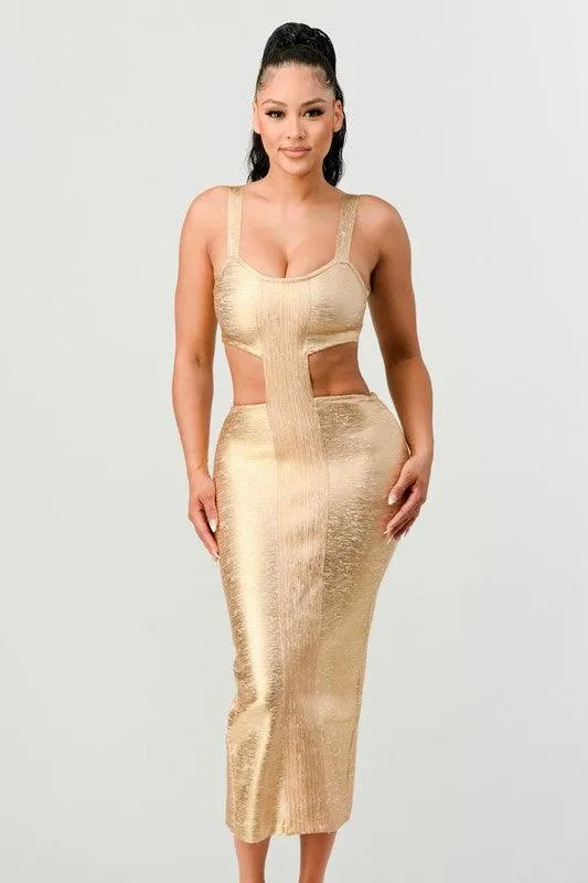 GOLD BANDAGE MIDI DRESS