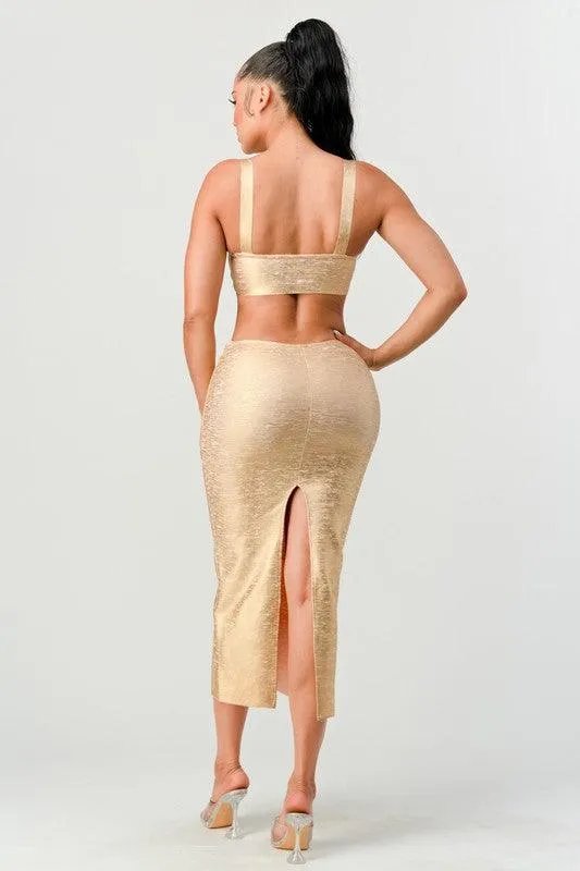 GOLD BANDAGE MIDI DRESS
