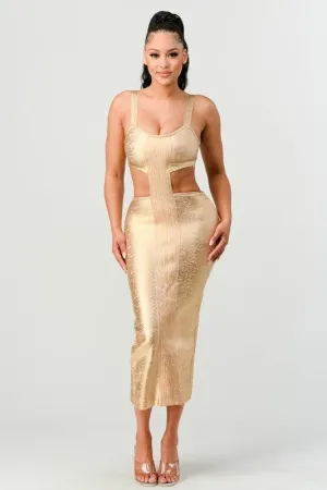 GOLD BANDAGE MIDI DRESS
