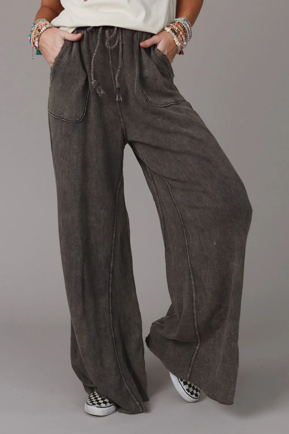 Gray Apricot Mineral Washed Drawstring Retro Wide Leg Pants