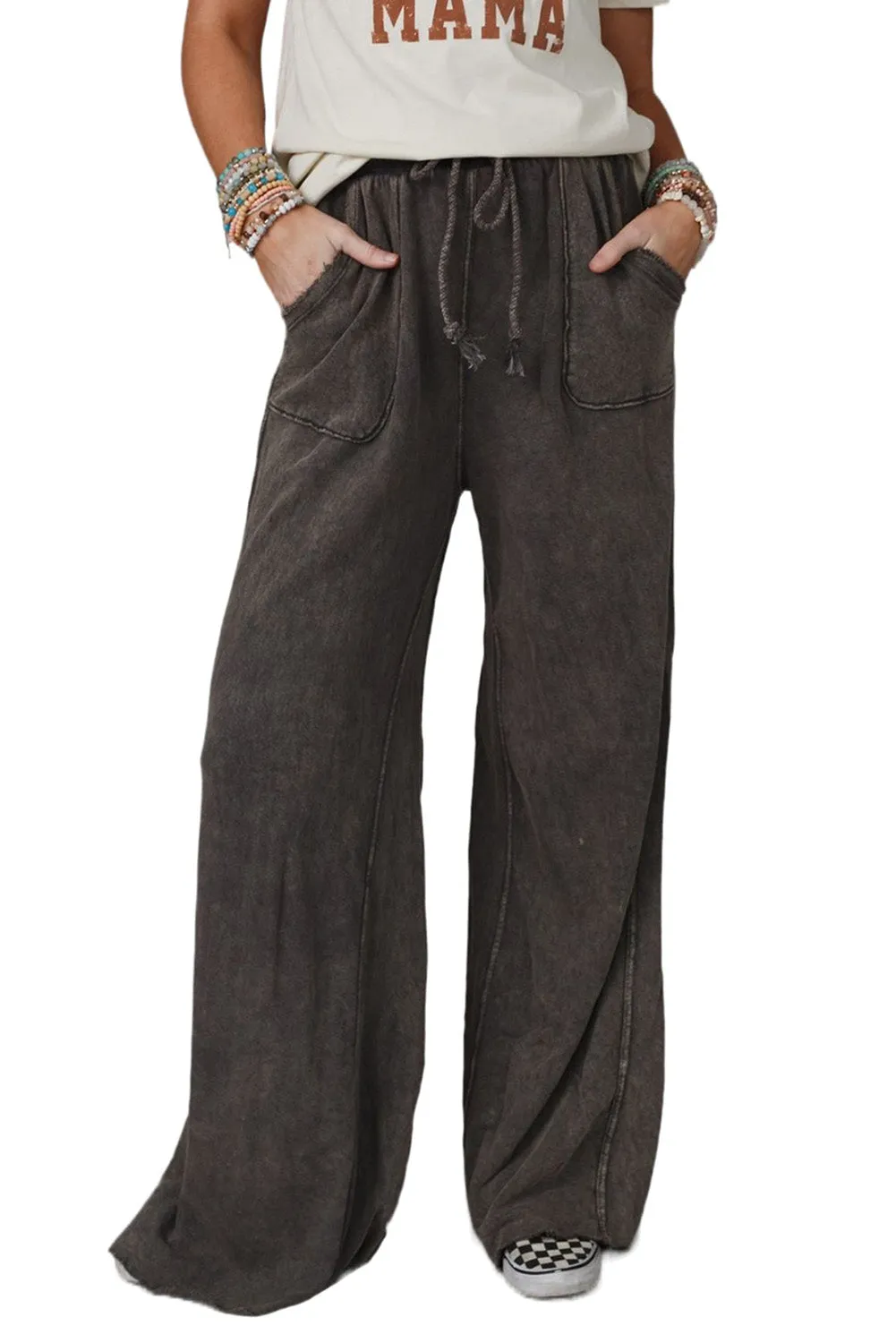 Gray Apricot Mineral Washed Drawstring Retro Wide Leg Pants